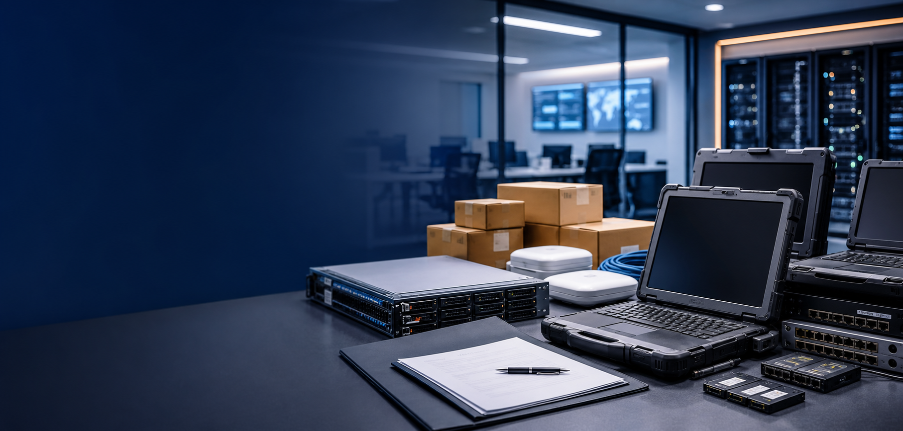 Secure government IT procurement workspace with computer hardware and network equipment
